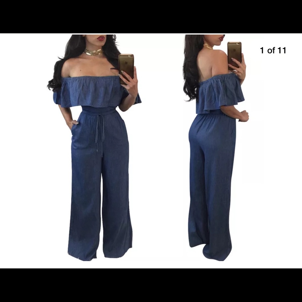 Off the shoulder Denim jumpsuit.